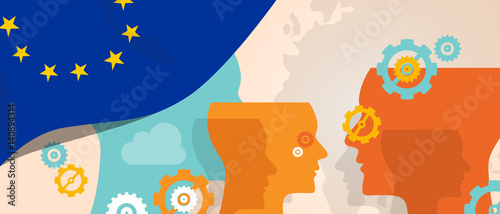 Europe concept of thinking growing innovation discuss country future brain storming under different view represented with heads gears and flag