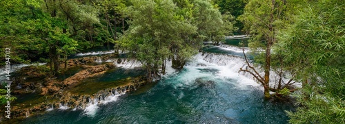Una River. Waterfall in Martin brod. Bosna and Hercegovina. Beautiful big waterfall on the wild river. photo