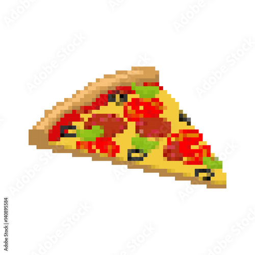 Pizza pixel art. Piece of pizza is pixelated. Fast food isolated