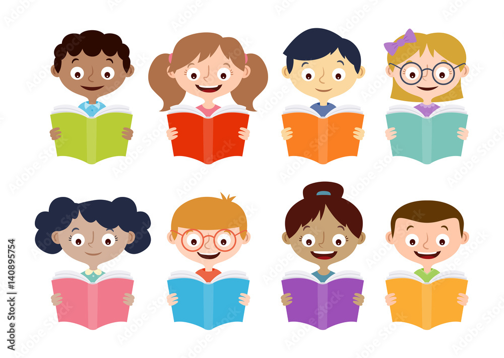 Boys and girls reading books. Isolated characters set. Vector illustration. Boys and girls reading books. Isolated characters set. Vector illustration.