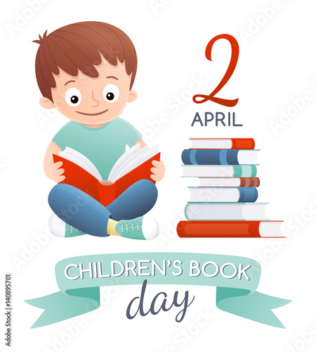 International Children's book day poster. A boy reading next to a pile of books. Vector illustration.