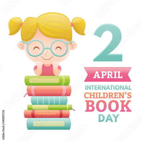 International Children's book day poster. Cute girl with a pile of books. Vector illustration.