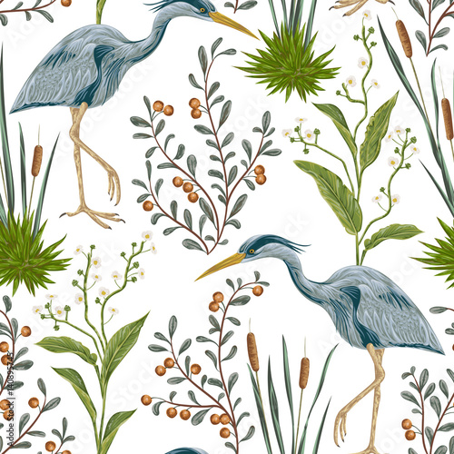 Murais de parede Seamless pattern with heron bird and swamp plants