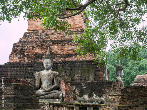 Ruin ancient Buddhist temple  Wat Mahathat Sukhothai  landmark in Thailand