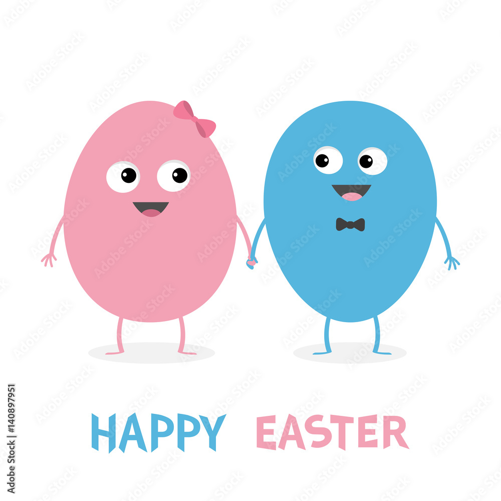 Happy Easter Painting Egg couple family looking on each other. Smiling face. Bow tie. Cute cartoon character set holding hands. Boy girl Friends forever Love Greeting card Flat design White background