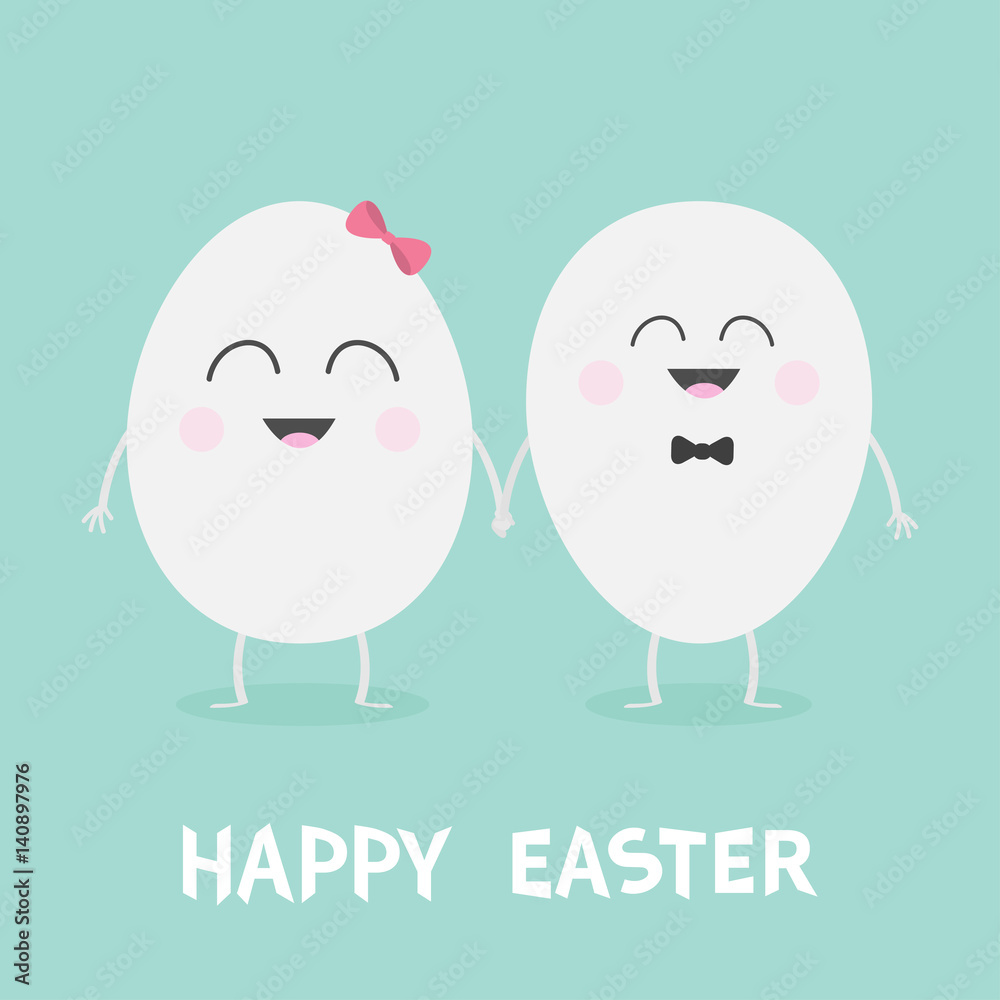Happy Easter Egg couple family with smiling face. Bow tie accessory. Cute cartoon character set holding hands. Boy and girl Eyes mouth Friends forever Love Greeting card Flat design Blue background. Happy Easter Egg couple family with smiling face. Bow tie accessory. Cute cartoon character set holding hands. Boy and girl Eyes mouth Friends forever Love Greeting card Flat design Blue background.