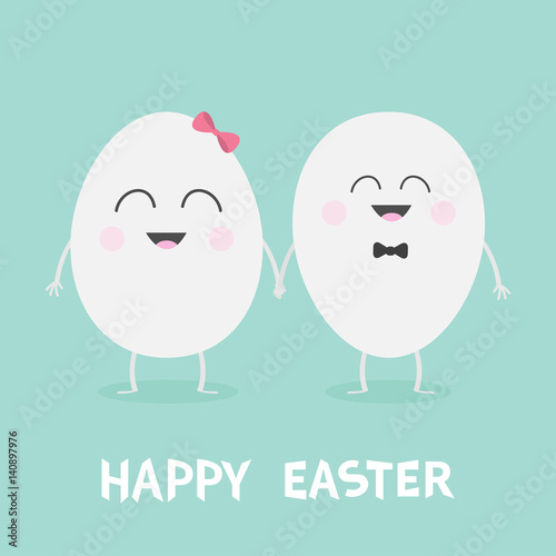 Happy Easter Egg couple family with smiling face. Bow tie accessory. Cute cartoon character set holding hands. Boy and girl Eyes mouth Friends forever Love Greeting card Flat design Blue background.