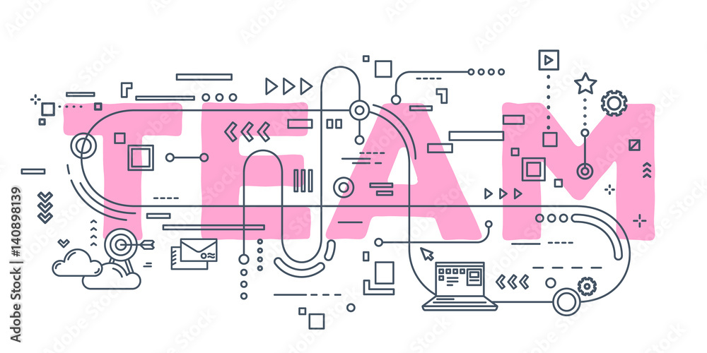 Fototapeta premium Vector creative illustration of team word lettering typography with line icons on white background.