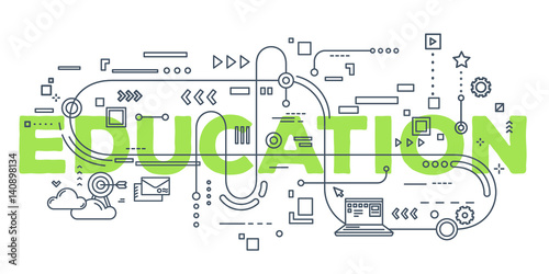 Vector creative illustration of education word lettering typography with line icons on white background.