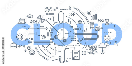 Vector creative illustration of cloud word lettering typography with line icons on white background.