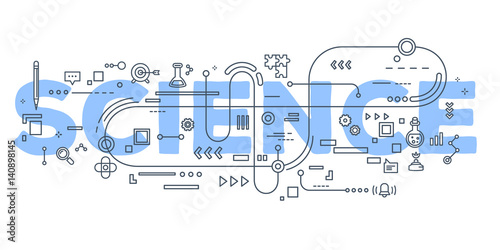 Vector creative illustration of science word lettering typography with line icons on white background.