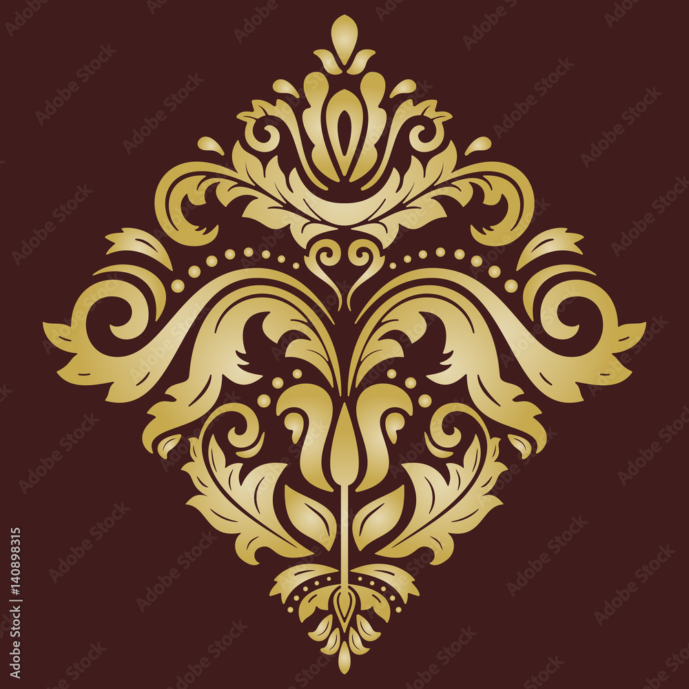 Elegant golden square ornament in the style of barogue. Abstract traditional pattern with oriental elements