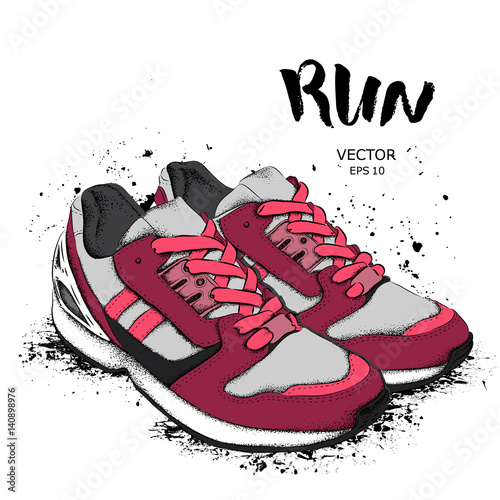 Hand drawn sneakers on white background. Run Concept. Vector illustration