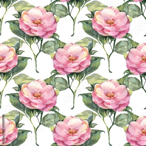 Seamless pattern with pink watercolor flowers