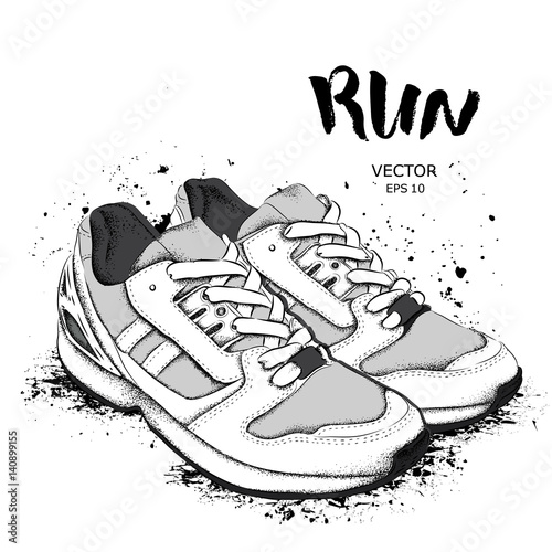 Hand drawn sneakers on white background. Run Concept. Vector illustration