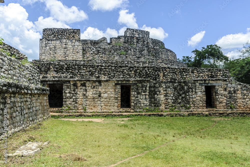 
sight of the oval palace in the Mayan archaeological enclosure of Ek Balam in yucatan, Mexico.