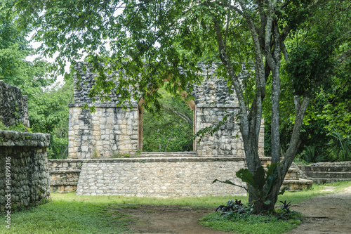 sight of the arch of entry to the Mayan archaeological enclosure of Ek Balam in Yucatan  Mexico.