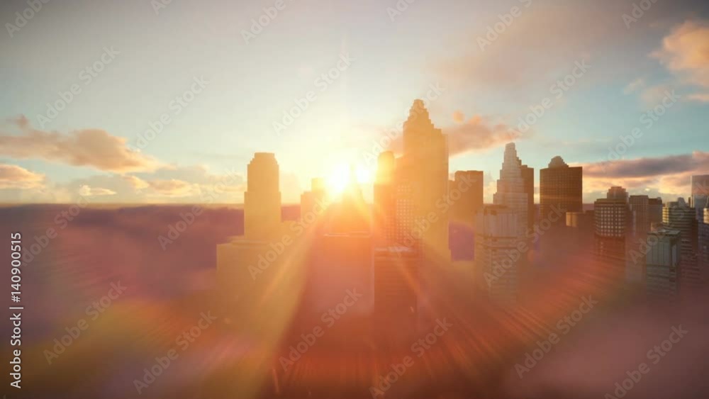 City skyline against sunset, flight over clouds, dolly shot