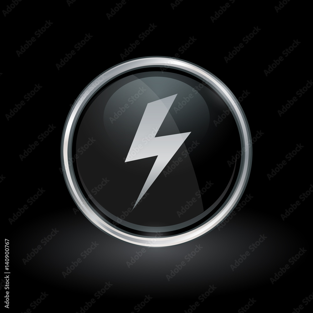 Electric strike symbol with bolt flash icon inside round chrome silver and black button emblem on black background. Vector illustration. Electric strike symbol with bolt flash icon inside round chrome silver and black button emblem on black background. Vector illustration.