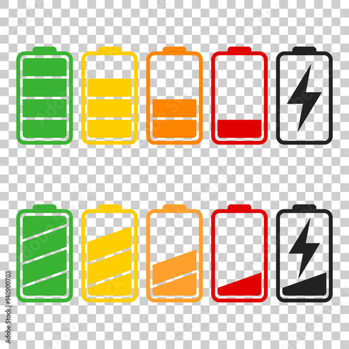 Battery icon vector set on isolated background. Symbols of battery charge level, full and low. The degree of battery power flat vector illustration.