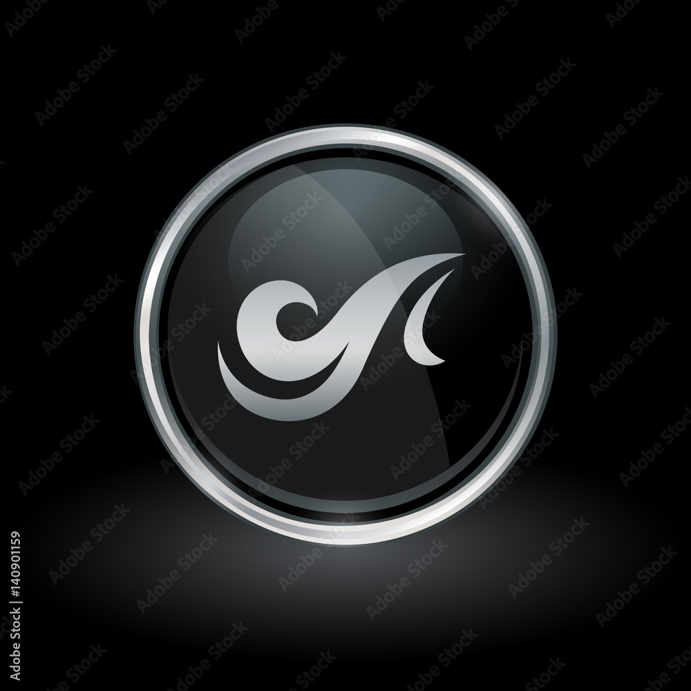 Air symbol with wind breeze icon inside round chrome silver and black button emblem on black background. Vector illustration. Air symbol with wind breeze icon inside round chrome silver and black button emblem on black background. Vector illustration.