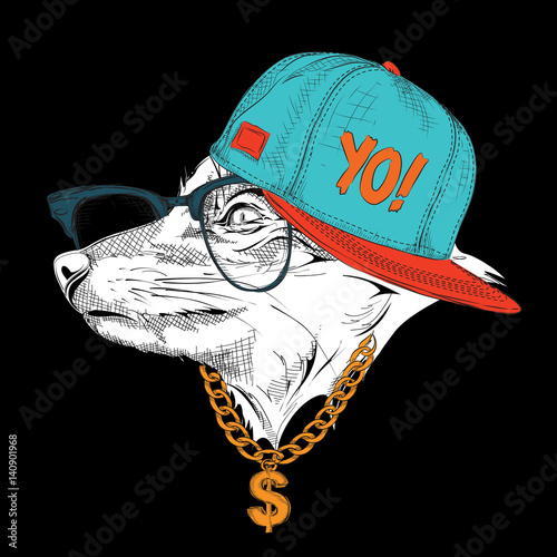 Portrait of fox in hip-hop hat. Vector illustration.