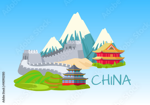 China Sightseeing Elements for Visiting on Blue