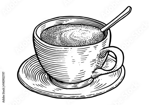 Coffee cup illustration, drawing, engraving, ink, line art, vector