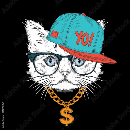 The poster with the image cat portrait in hip-hop hat. Vector illustration.