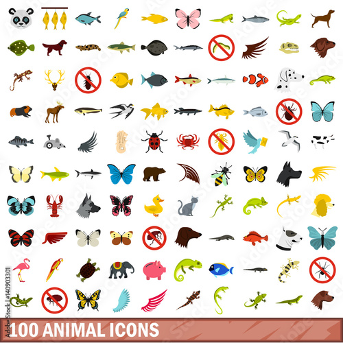 Fototapeta Naklejka Na Ścianę i Meble -  100 animal icons set, flat style