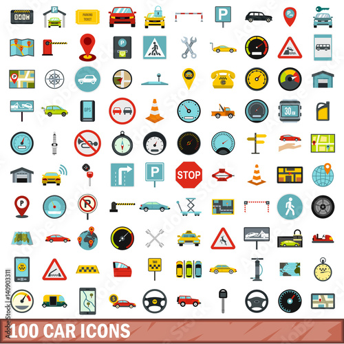 100 car icons set, flat style