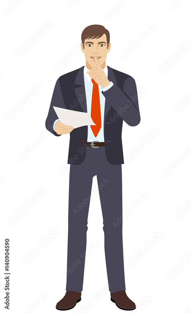 Businessman holding a paper and making hush sign Businessman holding a paper and making hush sign