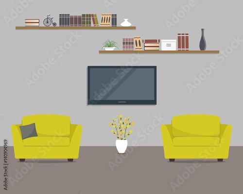 Living room with yellow armchairs and home cinema. There are also shelves with books and vase with flowers in the picture. Vector flat illustration.