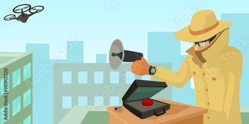 Spy security horizontal banner, cartoon style