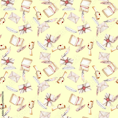 Seamless pattern with watercolor vintage mail envelopes  feathers  open notebook and scroll of parchment   hand drawn on a yellow background