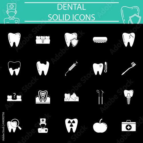 Dental solid pictograms package, stomatology symbols collection, vector sketches, logo illustrations, medicine filled icon set isolated on black background, eps 10