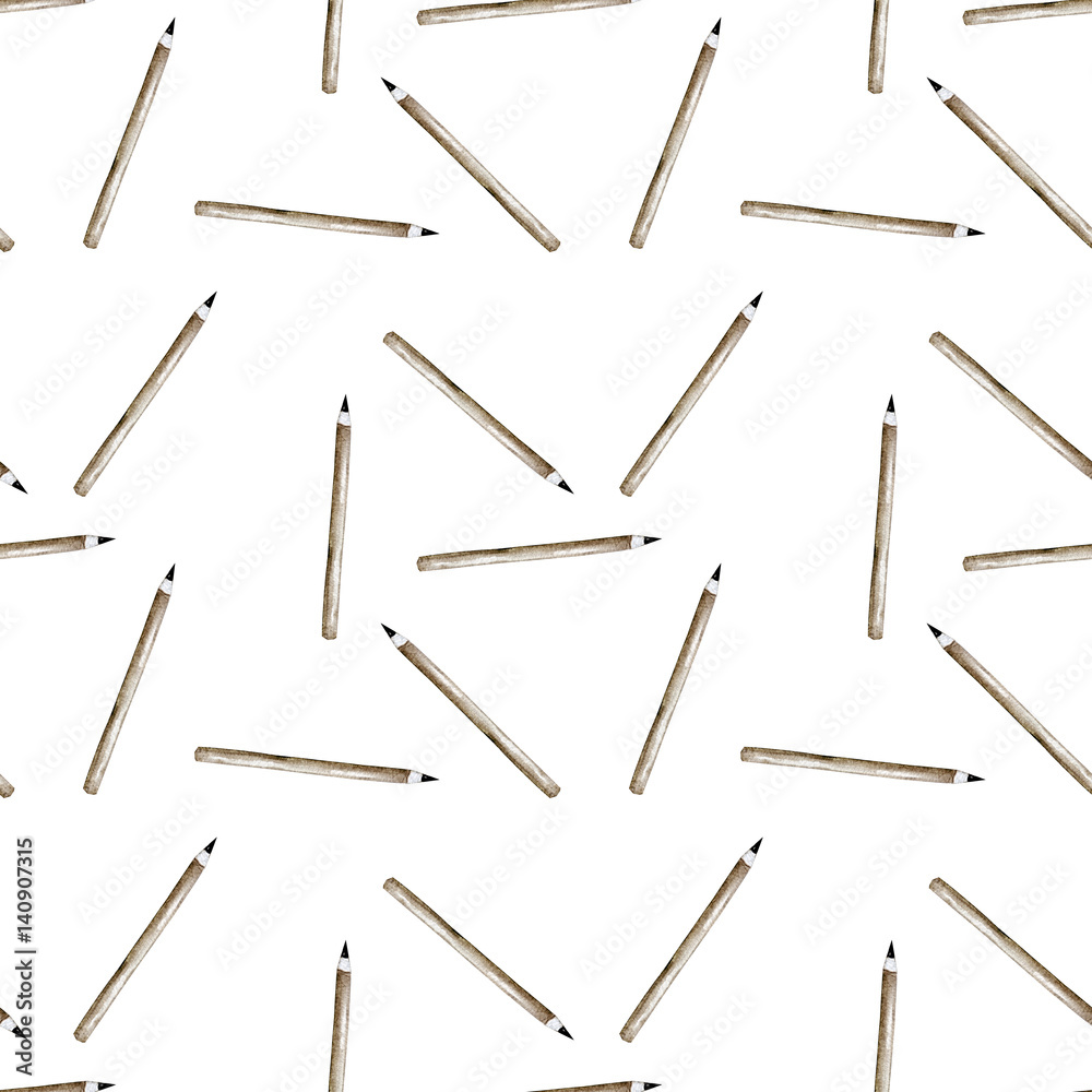 Seamless pattern with watercolor simple pencils, hand painted isolated on a white background Seamless pattern with watercolor simple pencils, hand painted isolated on a white background