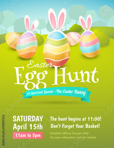 Vector cute poster for Easter Egg Hunt with colored eggs and ears of a rabbit. Cartoon spring scene with trees and bushes in field. For holiday flyers and banners design.
