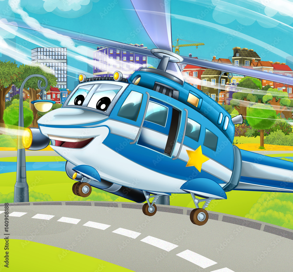 cartoon scene with police helicopter landing on the road near the city park