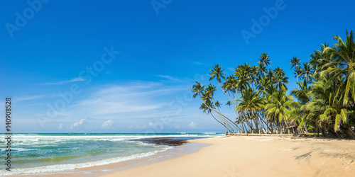 Panoramic view of a wild tropical beach in southern part of Sri Lanka in sunny day.
