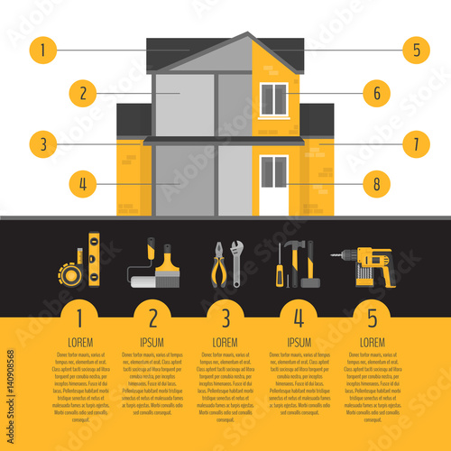 House repair infographics. Hand tools for home renovation and improvement. Flat style, vector illustration.