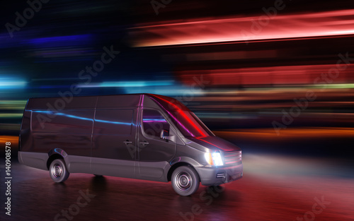 Black Van on City Street with Neon Lights Motion Blurred 3d Illustration