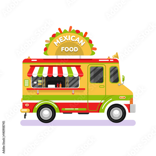 Flat design vector illustration of traditional Mexican food car. Mobile retro vintage shop truck icon with signboard with big tasty tacos. Van side view, isolated on white background.
