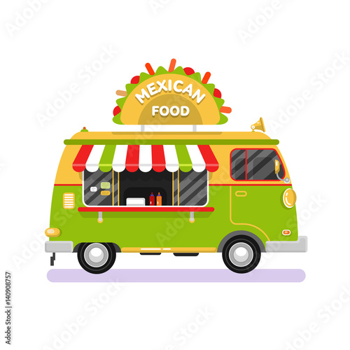 Flat design vector illustration of cartoon traditional Mexican food van. Mobile retro vintage shop truck icon with signboard with big tasty tacos. Car side view, isolated on white background.