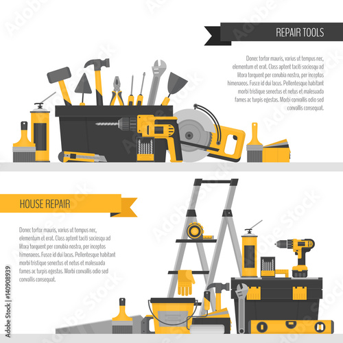 Home repair banner. Сonstruction tools. Hand tools for home renovation and construction. Flat style, vector illustration.