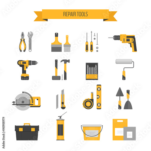 Home repair icon set. Сonstruction tools. Hand tools for home renovation and construction. Flat style, vector illustration.