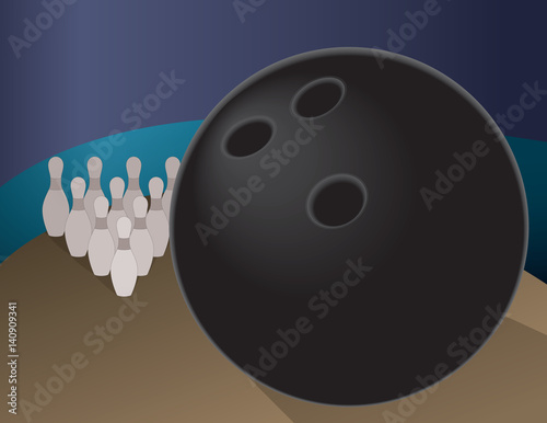 bowling pins on lane in background with bowling ball in forefront large size