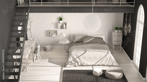 Scandinavian white and gray minimalist loft bedroom, top view, classic interior design