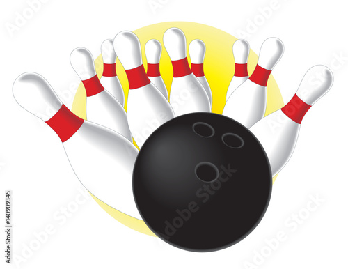 bowling ball hitting bowling pins scattering isolated on white background