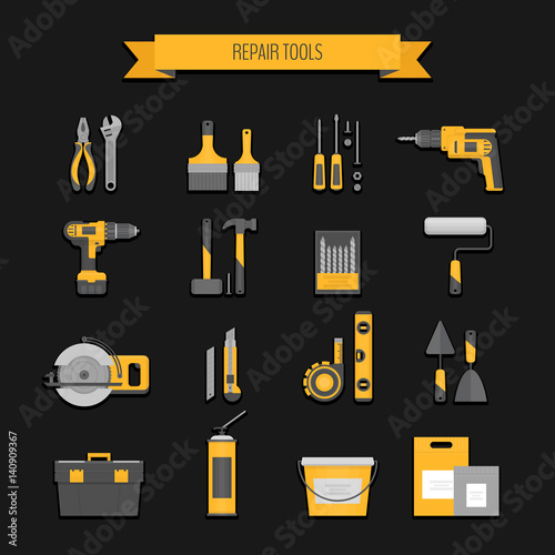 Home repair icon. Construction tools. Hand tools for home renovation and construction. Flat style, vector illustration.